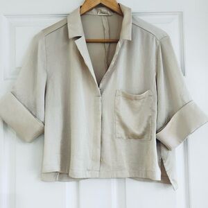 OPEN EDIT Crop Button-Down Boyfriend Shirt